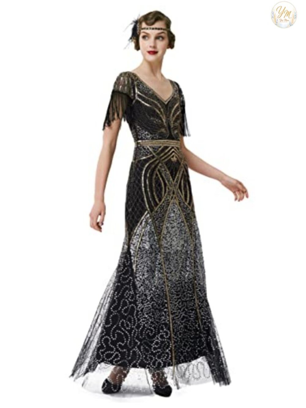 Sequin Beaded Flapper Maxi Dress Sleeveless V-Neck Formal Evening Gown
